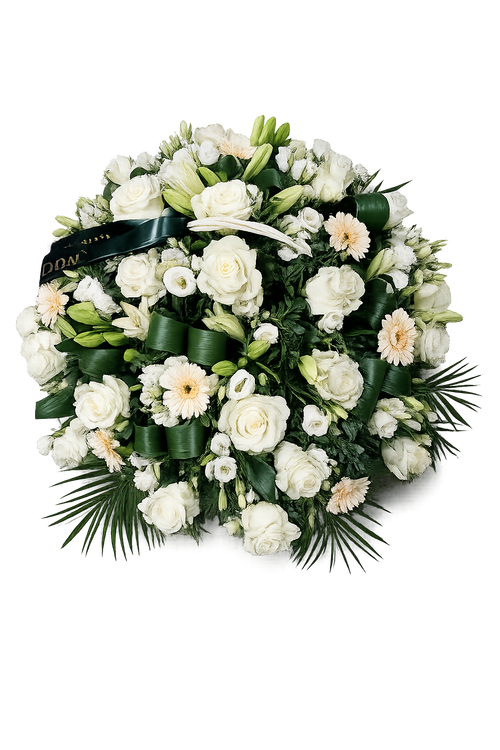 Kosz kwiatowty funeralny wypełniony kwiatami zdjęcie przedstawiające 