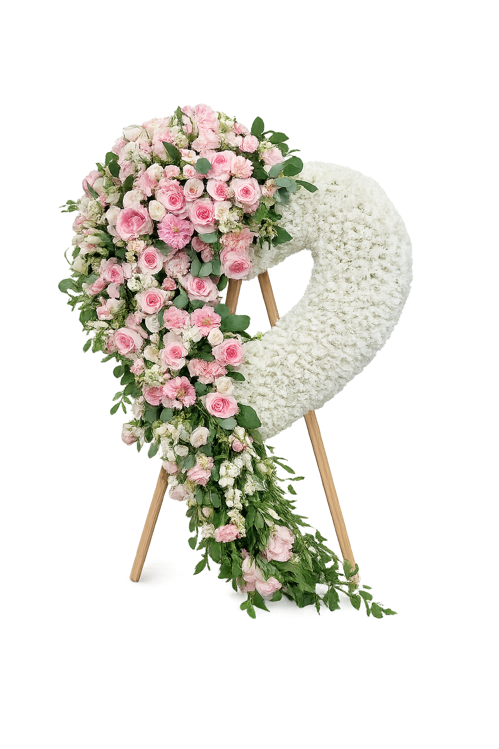 Heart-shaped arrangement with pink flowers and greenery on a white background